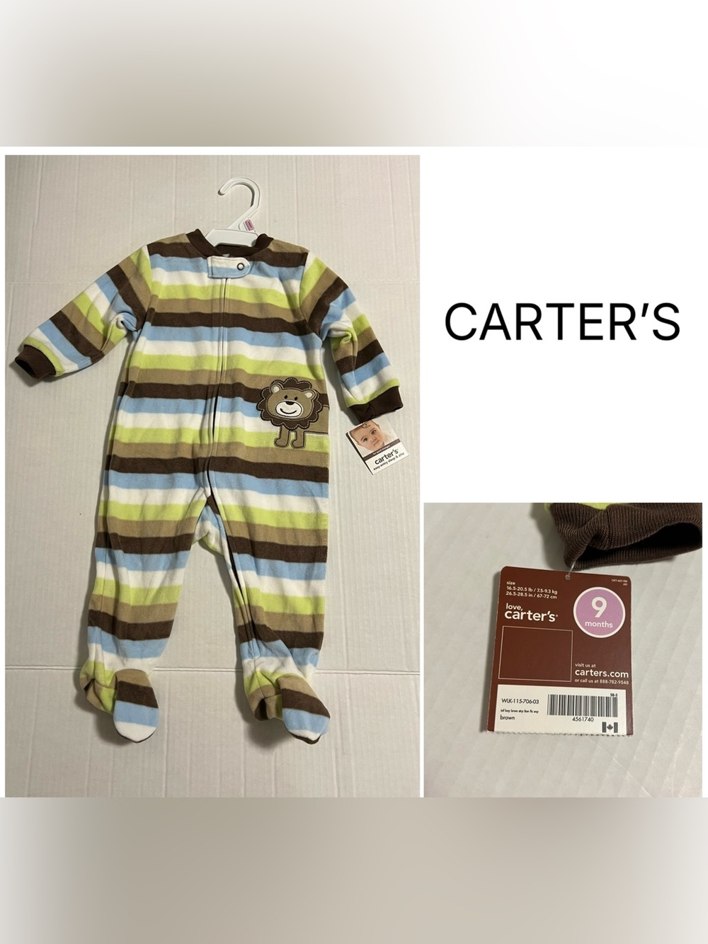 CARTER’S - 9M - NWT - INFANT BOYS LION STRIPE FLEECE SLEEPER